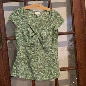 LOFT       Feminine green and beige print blouse.